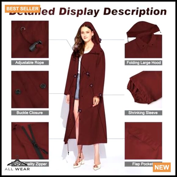 Long Hooded Raincoat Waterproof Packable Lightweight Trench Style Adjustable - Picture 4 of 7